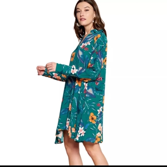 ODDI Teal Long Sleeve Floral Print Collared V-Neck Mini Dress Size M ODDY - Picture 5 of 14